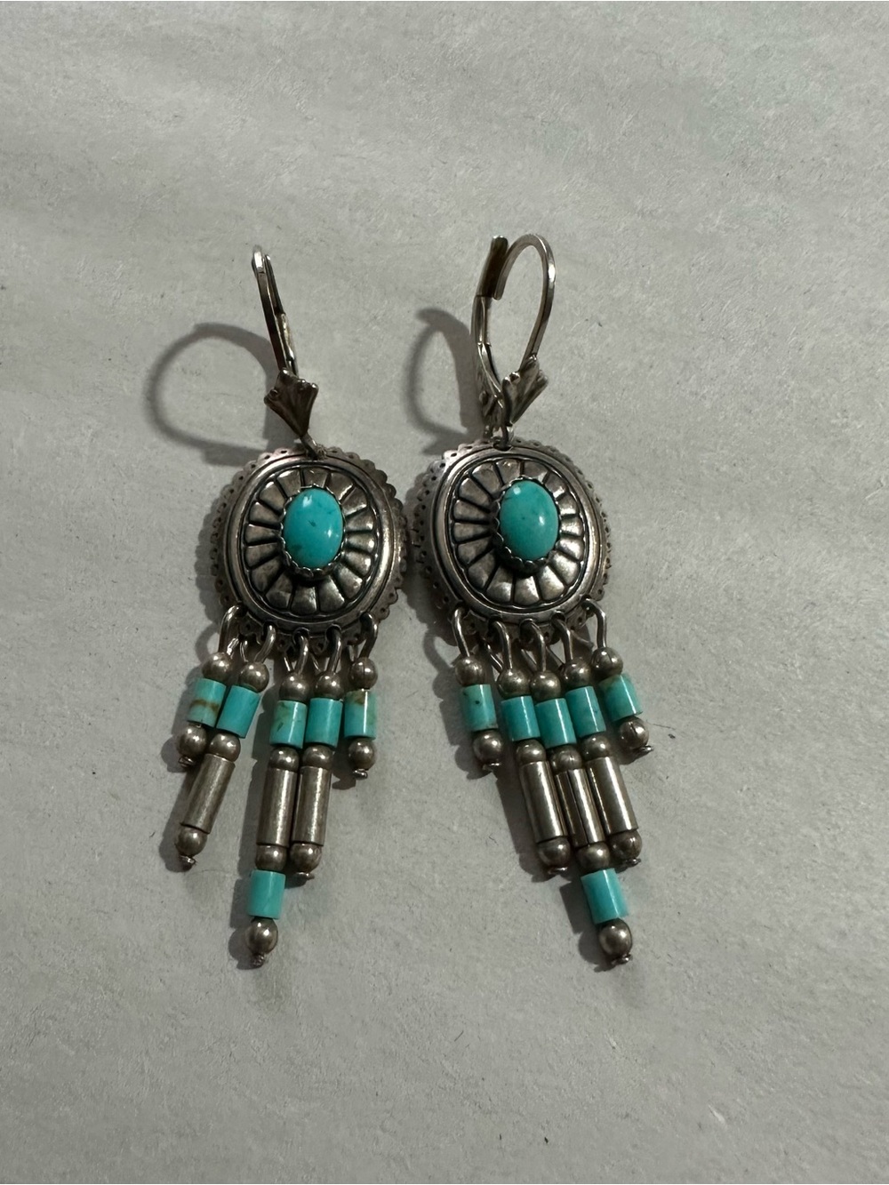 Vtg QT Southwest Sterling 925 Turquoise Dream Catcher Dangle Earring 2” Pierced